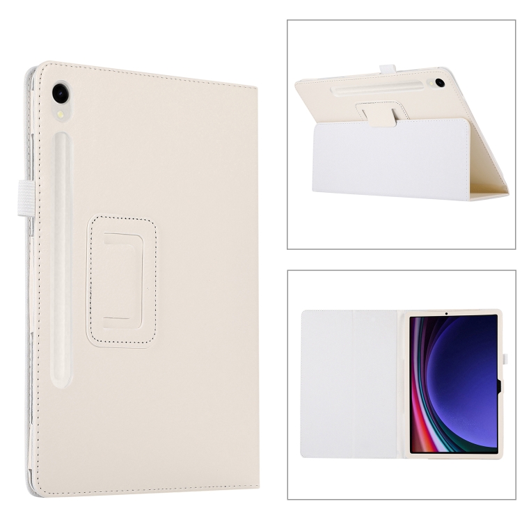 

For Samsung Galaxy Tab S9 Litchi Texture Leather Tablet Case with Holder(White)