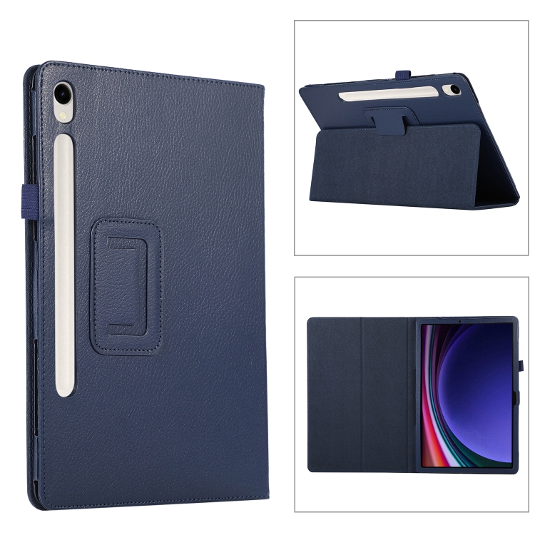 

For Samsung Galaxy Tab S9 Ultra Litchi Texture Leather Tablet Case with Holder(Dark Blue)
