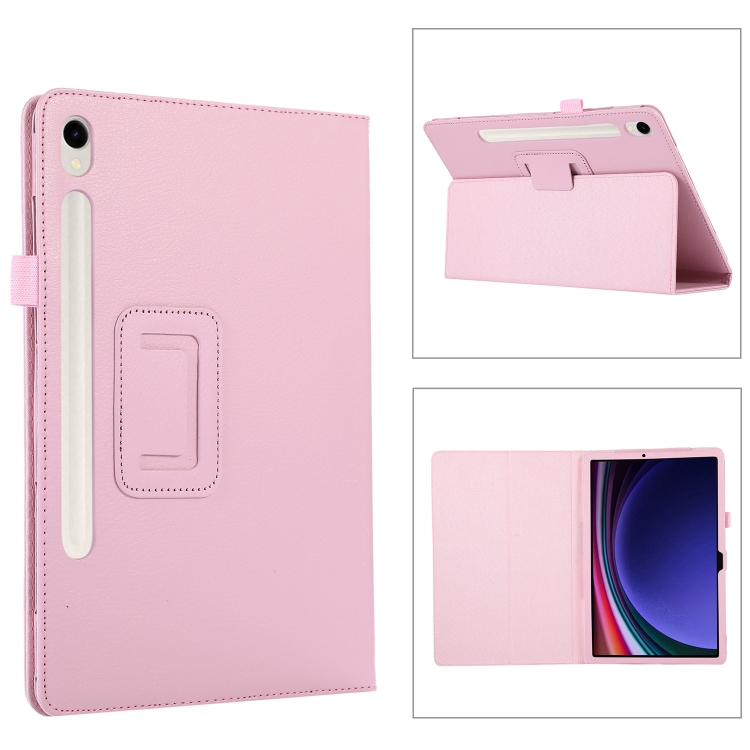 

For Samsung Galaxy Tab S9 Ultra Litchi Texture Leather Tablet Case with Holder(Pink)