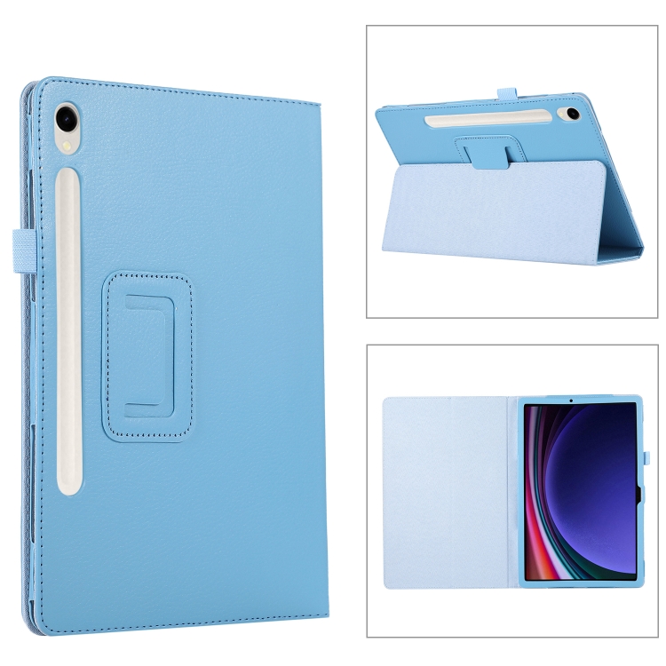 

For Samsung Galaxy Tab S9 Ultra Litchi Texture Leather Tablet Case with Holder(Sky Blue)