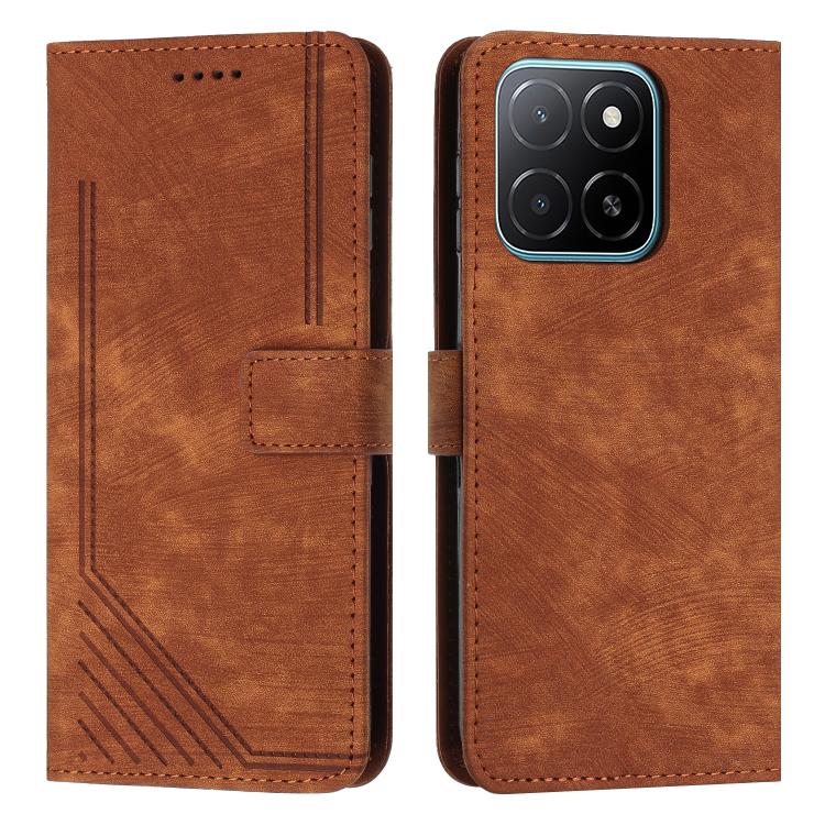 

For Honor X6c 4G Skin Feel Stripe Pattern Leather Phone Case with Lanyard(Brown)
