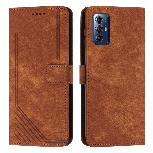 

For Motorola Moto G Play 2024 Skin Feel Stripe Pattern Leather Phone Case with Lanyard(Brown)