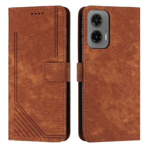 

For Motorola Moto G35 Skin Feel Stripe Pattern Leather Phone Case with Lanyard(Brown)