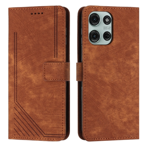 

For Motorola Moto G75 Skin Feel Stripe Pattern Leather Phone Case with Lanyard(Brown)