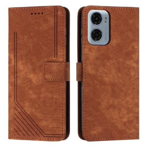 

For Motorola Moto G05 Skin Feel Stripe Pattern Leather Phone Case with Lanyard(Brown)