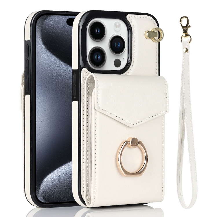 

For iPhone 15 Pro Max Ring Holder RFID Card Slot Phone Case(Beige)