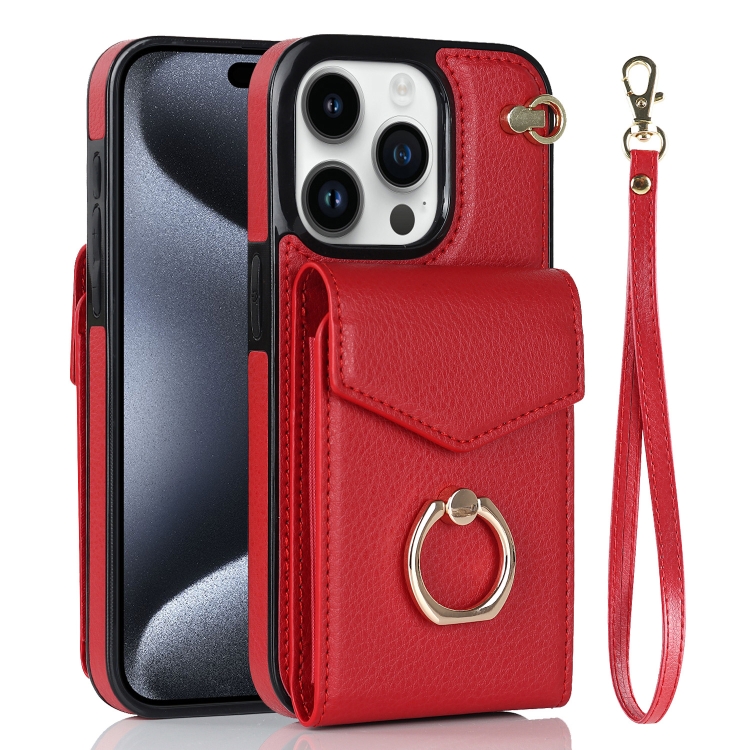 

For iPhone 15 Pro Ring Holder RFID Card Slot Phone Case(Red)