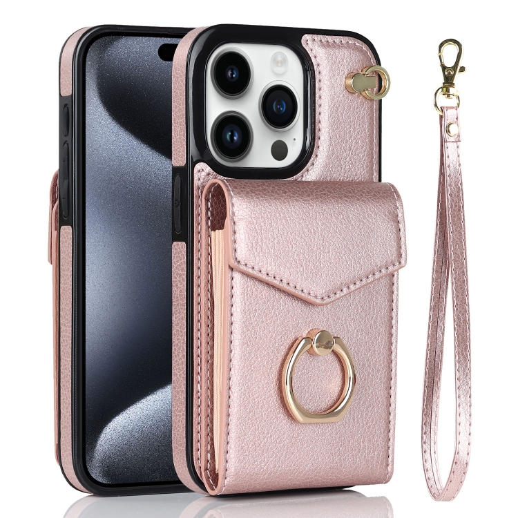 

For iPhone 15 Pro Ring Holder RFID Card Slot Phone Case(Rose Gold)