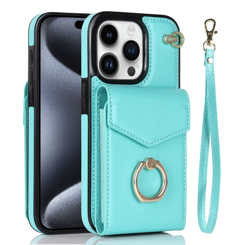 

For iPhone 15 Pro Ring Holder RFID Card Slot Phone Case(Mint Green)