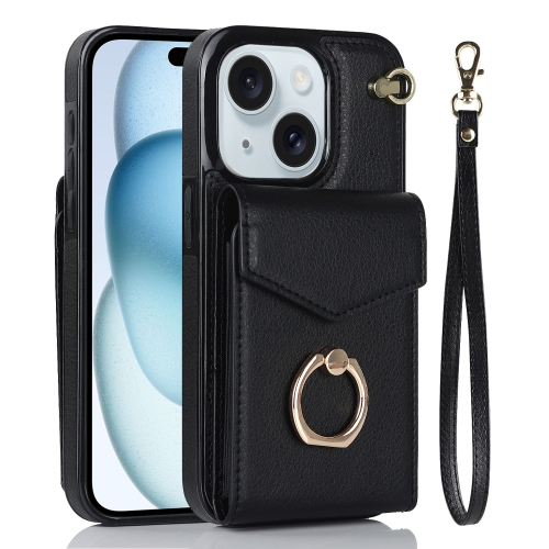 

For iPhone 15 Plus Ring Holder RFID Card Slot Phone Case(Black)