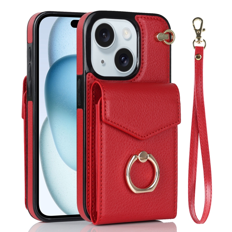 

For iPhone 15 Plus Ring Holder RFID Card Slot Phone Case(Red)