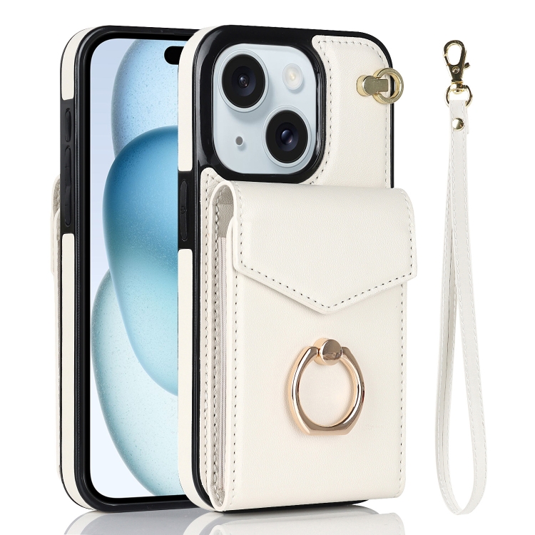

For iPhone 15 Ring Holder RFID Card Slot Phone Case(Beige)