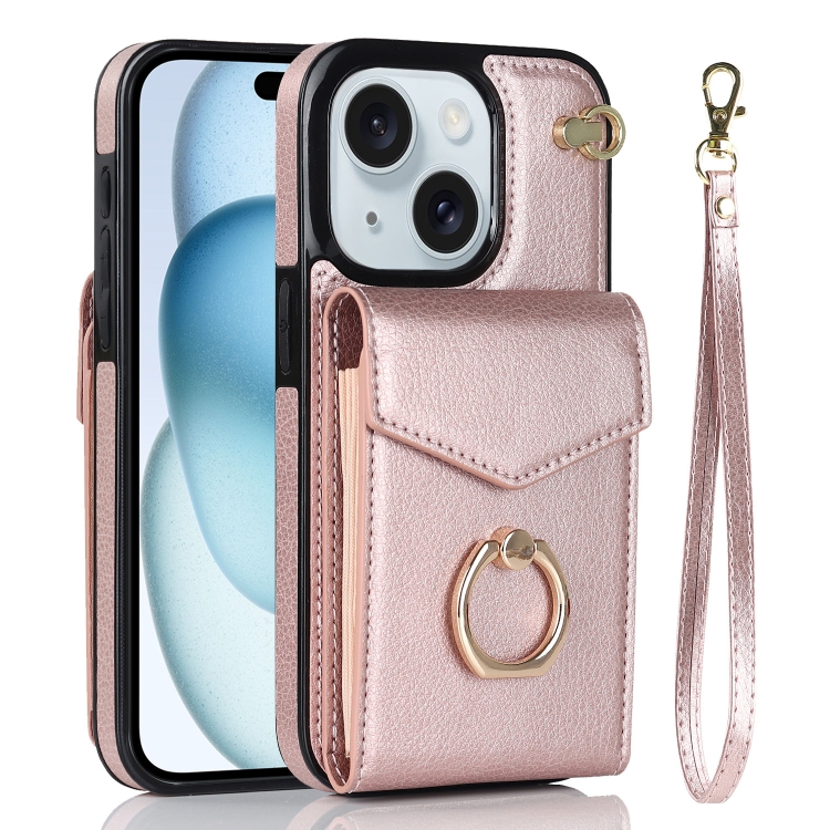 

For iPhone 15 Ring Holder RFID Card Slot Phone Case(Rose Gold)