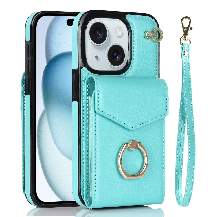 

For iPhone 15 Ring Holder RFID Card Slot Phone Case(Mint Green)