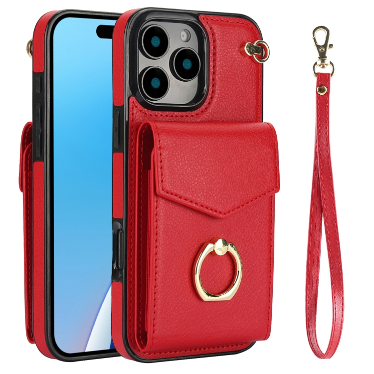 

For iPhone 16 Pro Ring Holder RFID Card Slot Phone Case(Red)