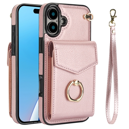 

For iPhone 16 Plus Ring Holder RFID Card Slot Phone Case(Rose Gold)