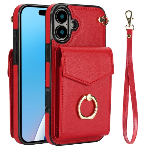 

For iPhone 16 Ring Holder RFID Card Slot Phone Case(Red)