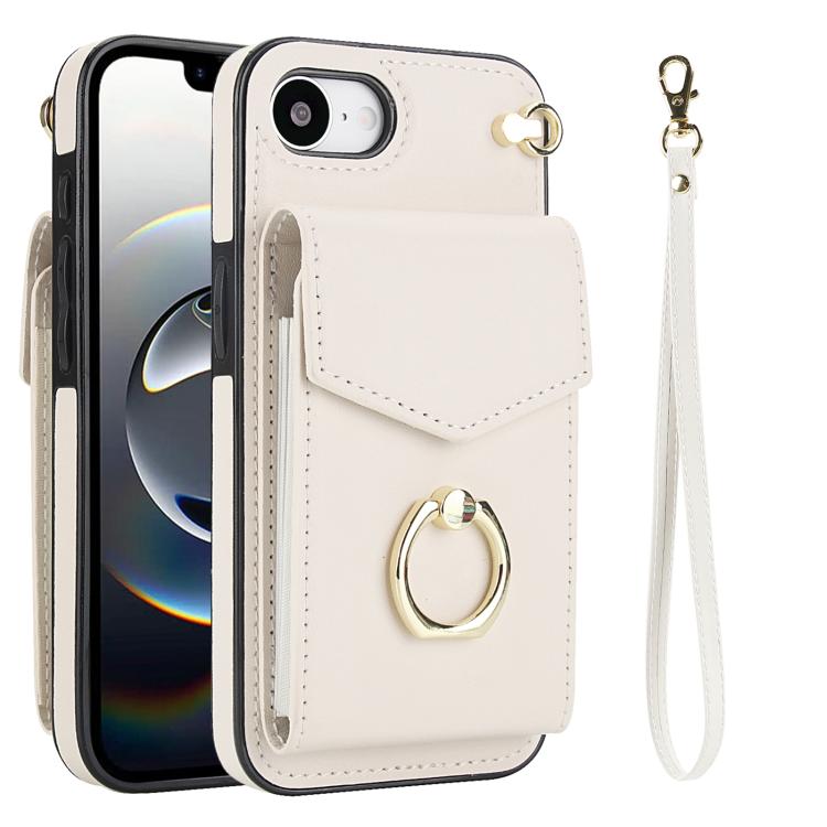 

For iPhone 16e Ring Holder RFID Card Slot Phone Case(Beige)