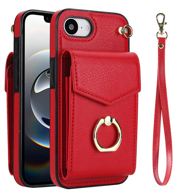 

For iPhone 16e Ring Holder RFID Card Slot Phone Case(Red)