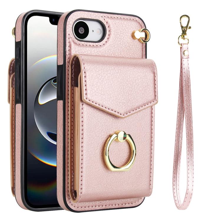 

For iPhone 16e Ring Holder RFID Card Slot Phone Case(Rose Gold)