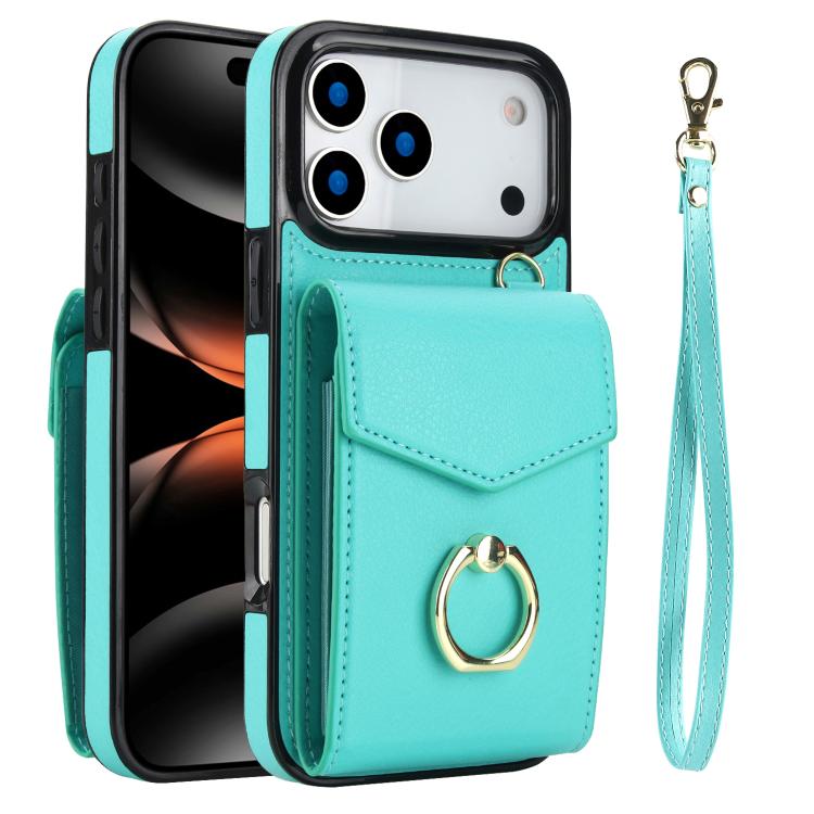 

For iPhone 17 Pro Ring Holder RFID Card Slot Phone Case(Mint Green)