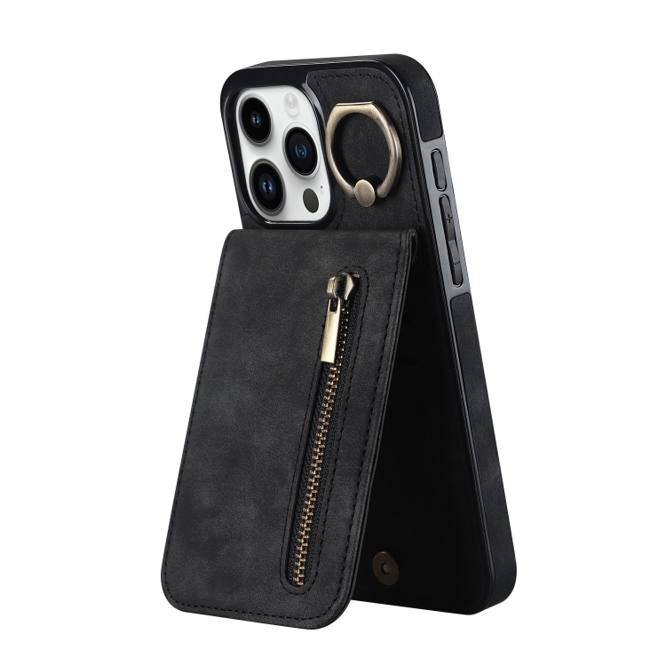 

For iPhone 15 Pro Max Retro Ring and Zipper RFID Card Slot Phone Case(Black)