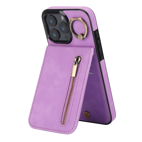 

For iPhone 16 Pro Retro Ring and Zipper RFID Card Slot Phone Case(Purple)