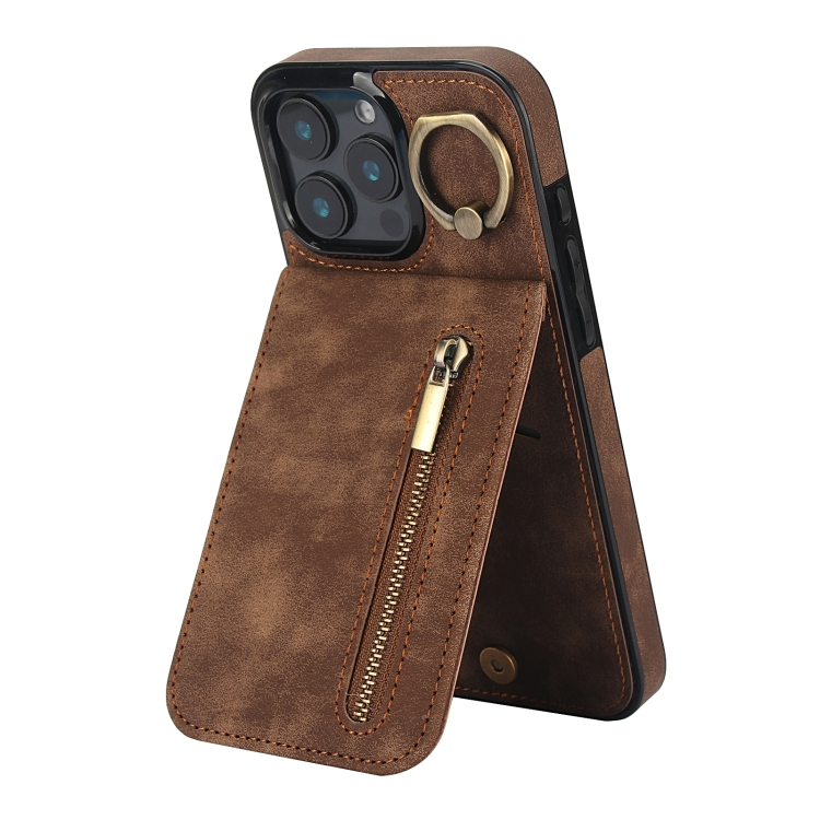 

For iPhone 16 Pro Retro Ring and Zipper RFID Card Slot Phone Case(Brown)