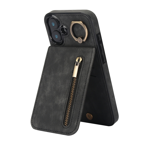 

For iPhone 16 Plus Retro Ring and Zipper RFID Card Slot Phone Case(Black)