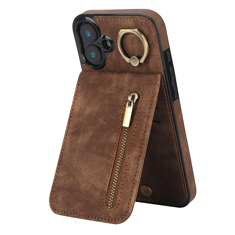 

For iPhone 16 Plus Retro Ring and Zipper RFID Card Slot Phone Case(Brown)