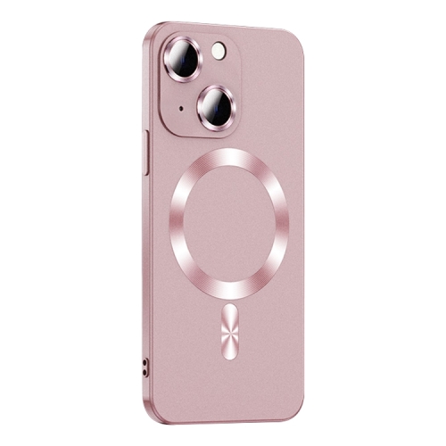 

For iPhone 15 Plus Liquid Lens Protector Magsafe Phone Case(Gold Pink)