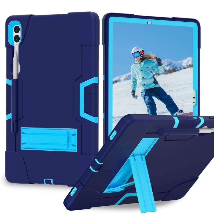 

For Samsung Galaxy Tab S9+ Contrast Color Silicone PC Tablet Case with Holder(Navy Blue + Blue)