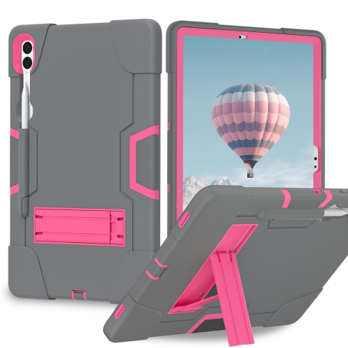 

For Samsung Galaxy Tab S9+ Contrast Color Silicone PC Tablet Case with Holder(Grey + Rose Red)