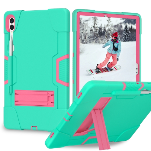 

For Samsung Galaxy Tab S9+ Contrast Color Silicone PC Tablet Case with Holder(Mint Green + Rose Red)