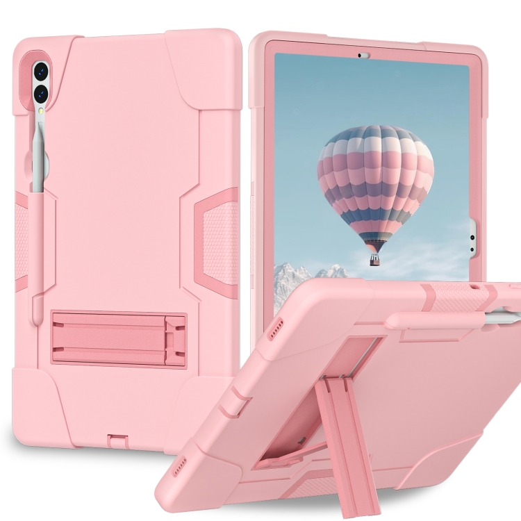 

For Samsung Galaxy Tab S9+ Contrast Color Silicone PC Tablet Case with Holder(Rose Gold)