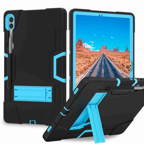 

For Samsung Galaxy Tab S9+ Contrast Color Silicone PC Tablet Case with Holder(Black + Blue)