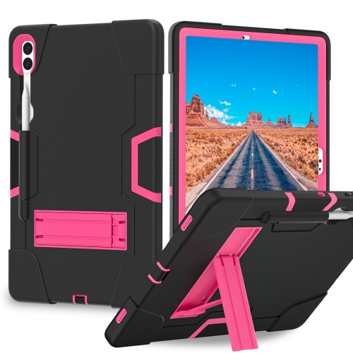 For Samsung Galaxy Tab S9+ Contrast Color Silicone PC Tablet Case with Holder(Black + Rose Red)