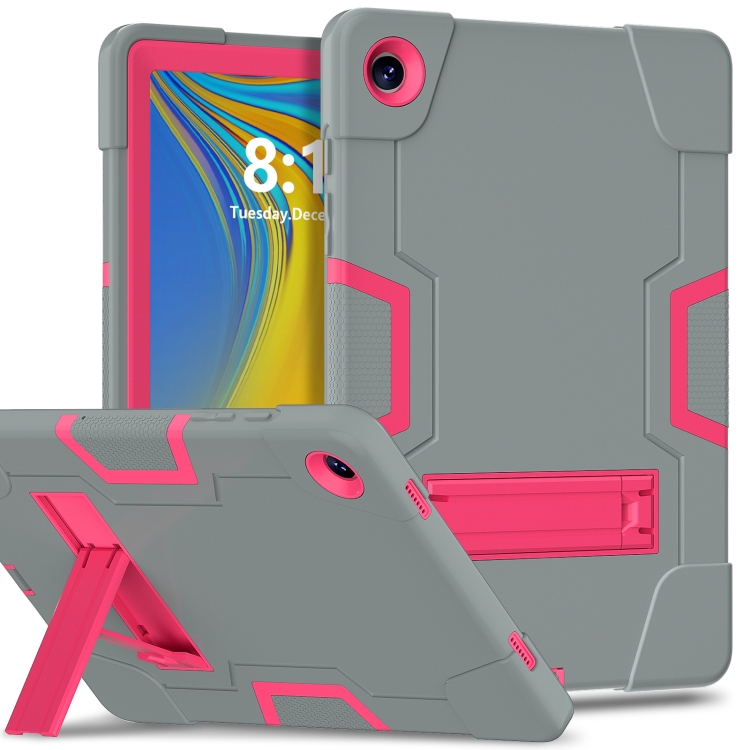 

For Samsung Galaxy Tab A9+ Contrast Color Silicone PC Tablet Case with Holder(Grey + Rose Red)
