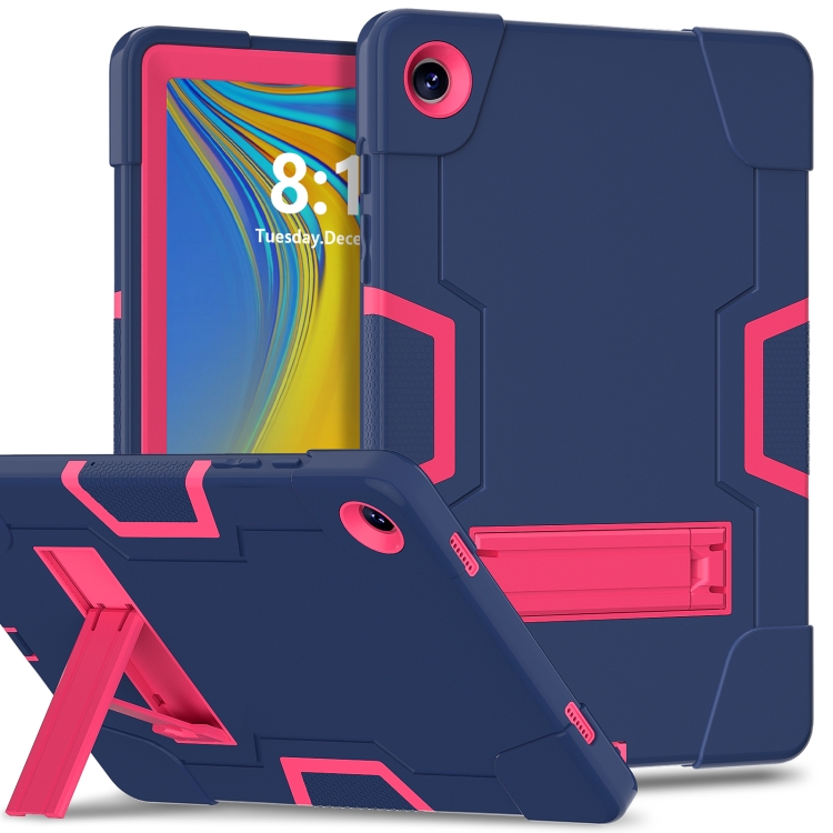 

For Samsung Galaxy Tab A9+ Contrast Color Silicone PC Tablet Case with Holder(Navy Blue + Rose Red)