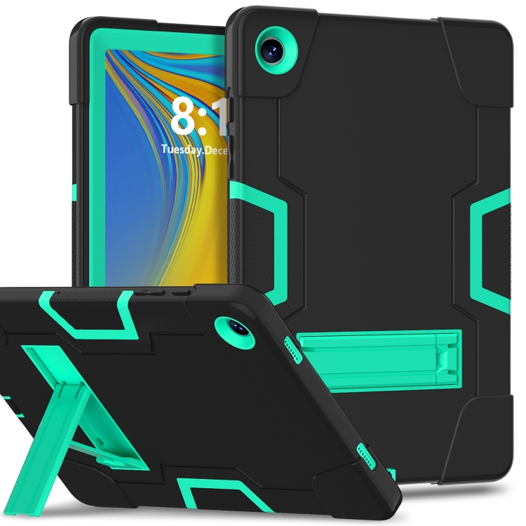 

For Samsung Galaxy Tab A9+ Contrast Color Silicone PC Tablet Case with Holder(Black + Mint Green)