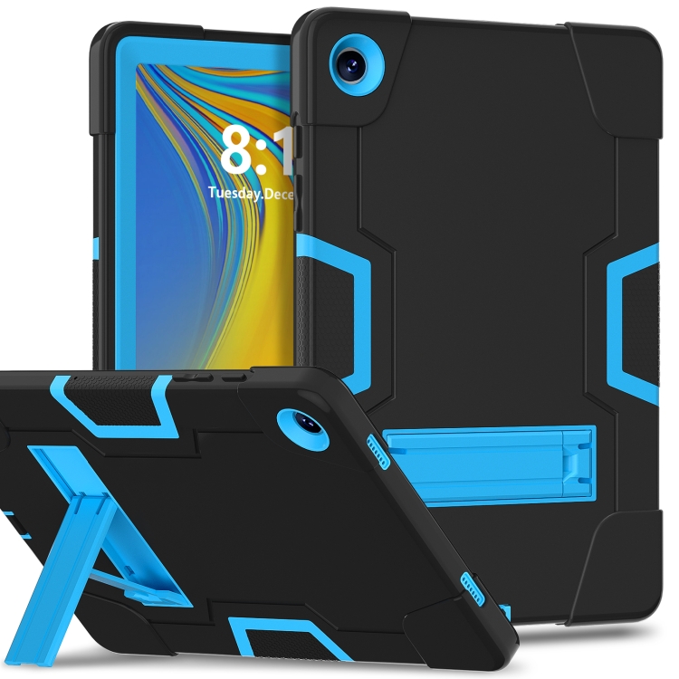 

For Samsung Galaxy Tab A9+ Contrast Color Silicone PC Tablet Case with Holder(Black + Blue)