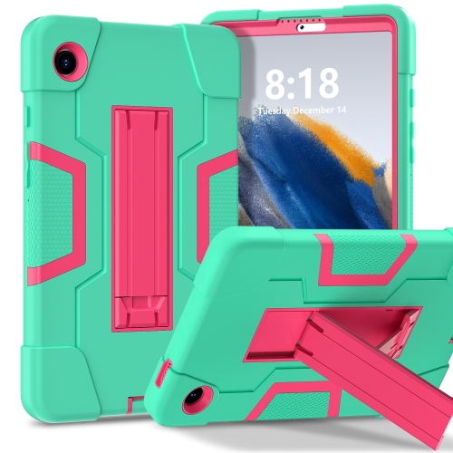 

For Samsung Galaxy Tab A9 Contrast Color Silicone PC Tablet Case with Holder(Mint Green + Rose Red)