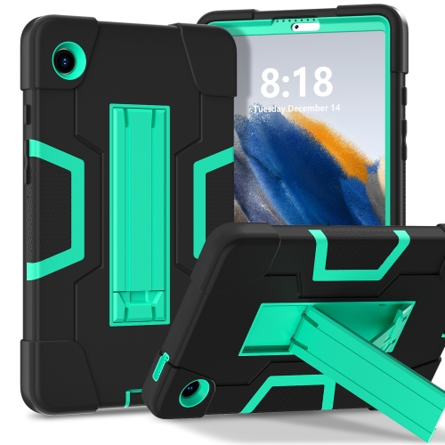 

For Samsung Galaxy Tab A9 Contrast Color Silicone PC Tablet Case with Holder(Black + Mint Green)