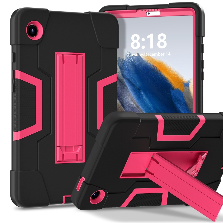 

For Samsung Galaxy Tab A9 Contrast Color Silicone PC Tablet Case with Holder(Black + Rose Red)