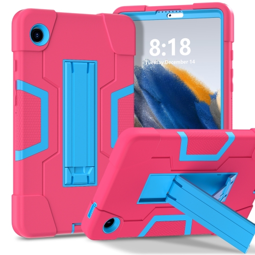 For Samsung Galaxy Tab A9 Contrast Color Silicone PC Tablet Case with Holder(Rose Red + Blue) adjustable height tabletop mic holder boom for blue yeti