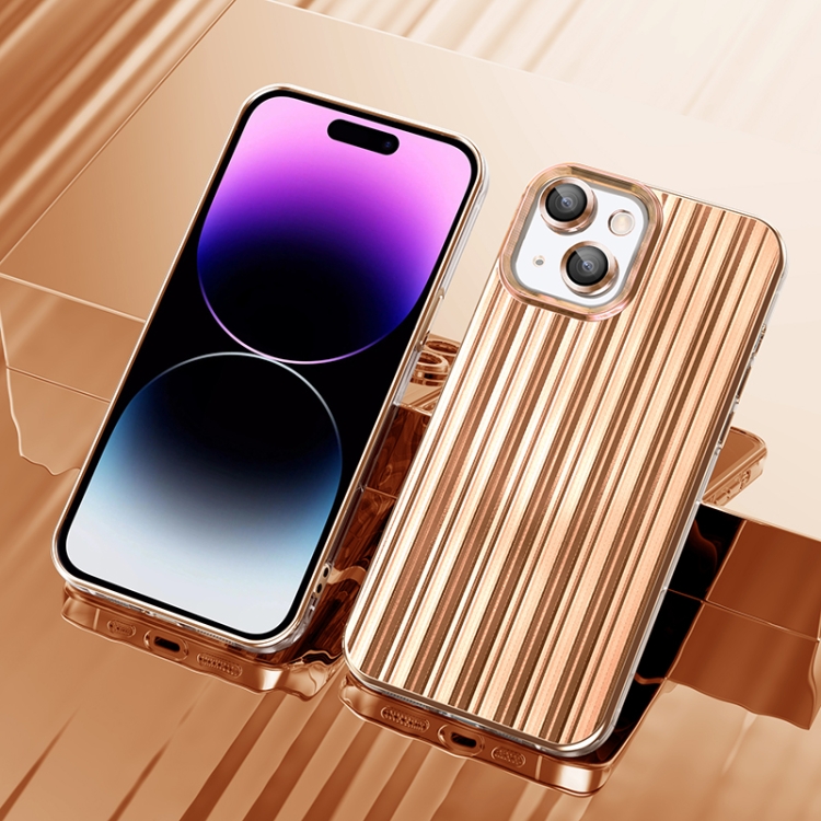

For iPhone 14 Plus Electroplated Streamer Brushed TPU Phone Case with Lens Film(Gold)