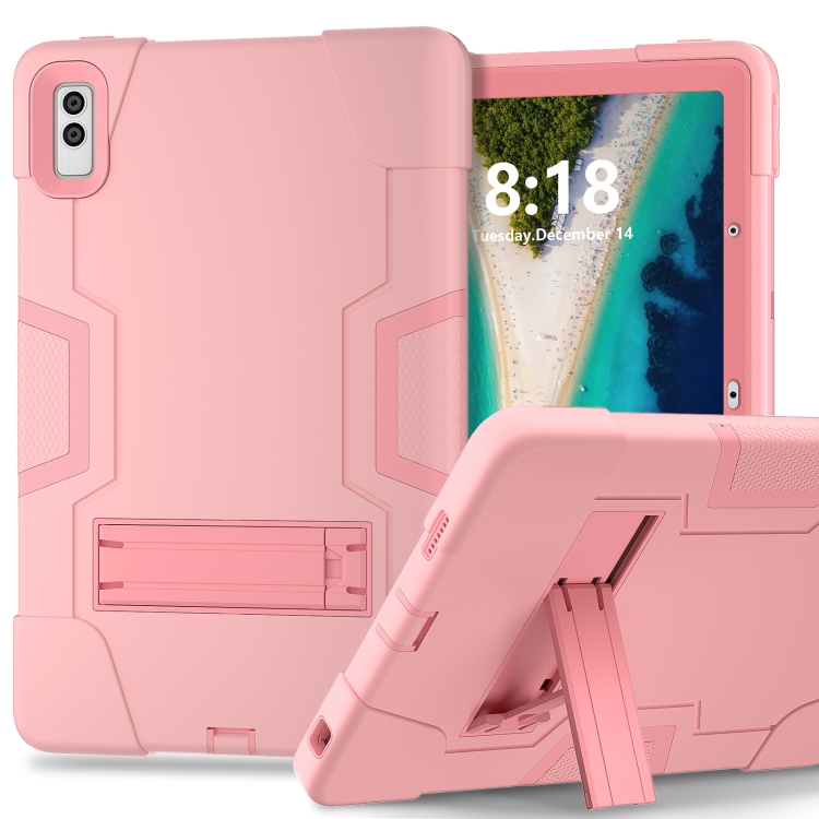 

For Lenovo Tab M10 5G 10.6 inch Contrast Color Silicone PC Tablete Case with Holder(Rose Gold)