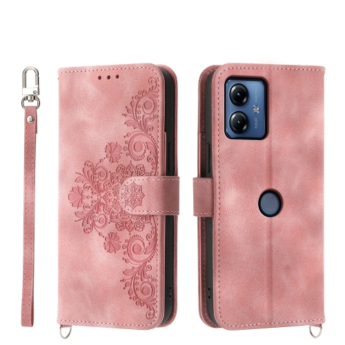 

For Motorola Moto G14 Skin-feel Flowers Embossed Wallet Leather Phone Case(Pink)