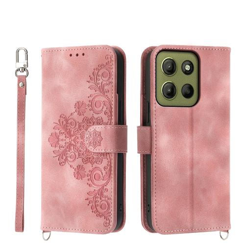 

For Motorola Moto G15 Skin Feel Flowers Embossed Wallet Leather Phone Case(Pink)