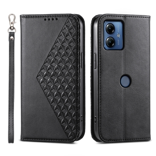 

For Motorola Moto G14 Cubic Grid Calf Texture Magnetic Leather Phone Case(Black)